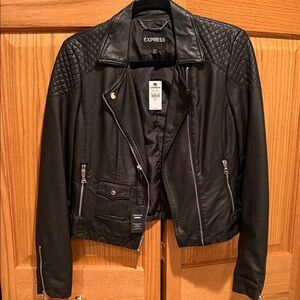 Express Black Leather Jacket with Quilted Detail